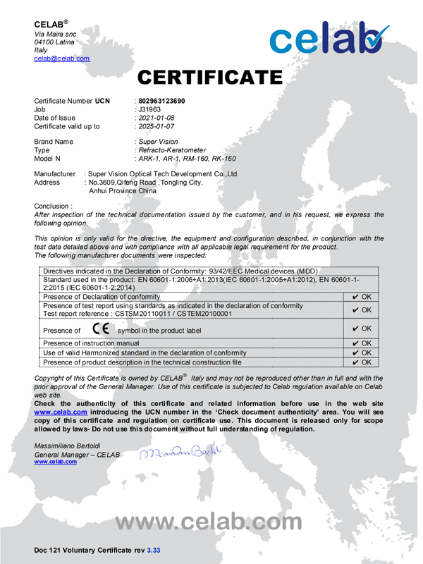 Optometer CEJ31963 certificate