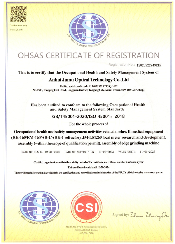 Certificate of occupational health and safety management system